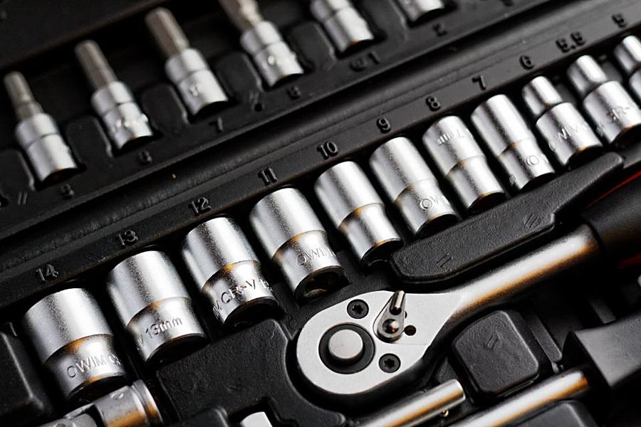 A socket wrench set in its case
